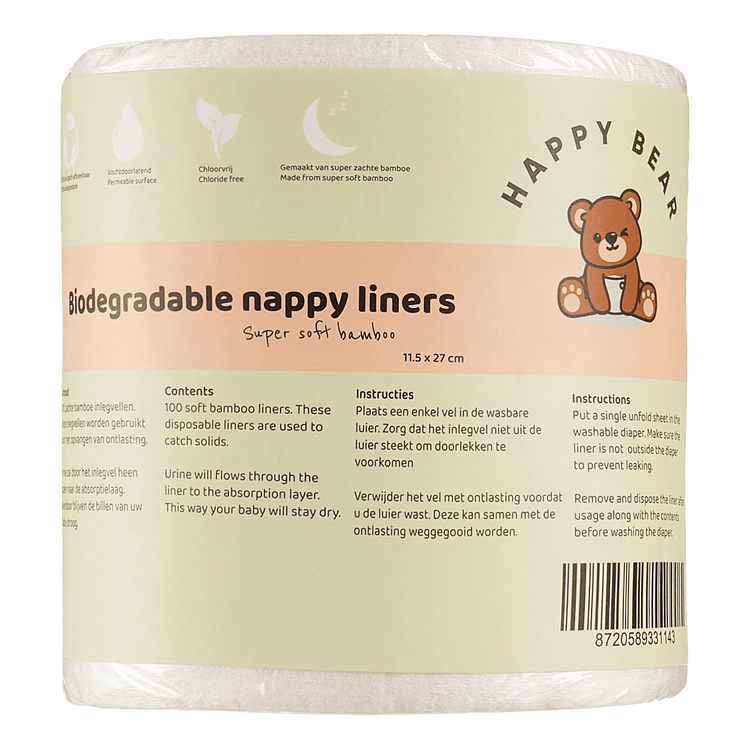 Biodegradable bamboo nappy liners roll from Happy Bear, 11.5 x 27 cm, packaging details for eco-friendly diapering.